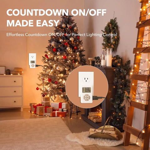 Digital Plug In Outlet Timer With Interval Repeat Cycle Offers Zero Fuss Setup And Rock Solid Reliability For Grow Lights Aquariums And Daily Home Automation Needs on a wall near a Christmas tree.