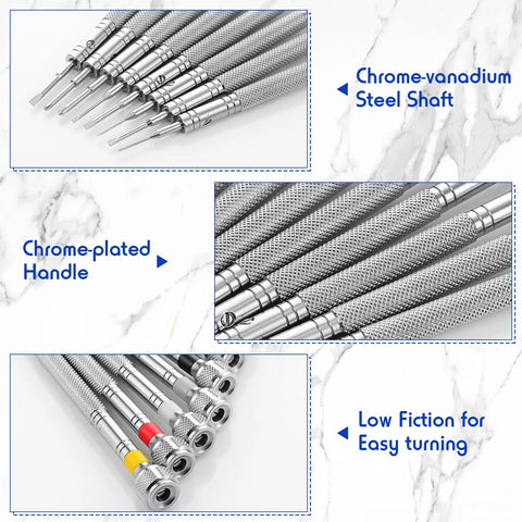 8 Piece Pro Grade Precision Jewelers Screwdriver Set For Watch Eyeglasses Jewelry And Electronics Repair With Flathead And Phillips Bits 0.6mm To 1.6mm shown with chrome-vanadium steel shaft and chrome-plated handle.