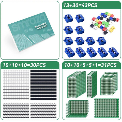 104 Piece Double Sided PCB Board Kit For DIY Soldering And Electronics Projects With Arduino Compatibility And 40 Pin 2.54mm Header Connector Set includes proto boards, header pins, and wire terminals