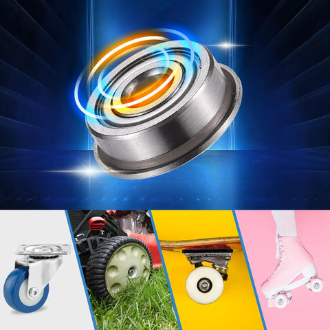 5x14x5mm Deep Groove Ball Bearing Flanged Shield F605ZZ Double Metal Shield 10 Pack Durable Universal Bearings For Motors RC Projects And Machinery Replacement Low Noise, flanged steel bearing shown with roller and skate applications