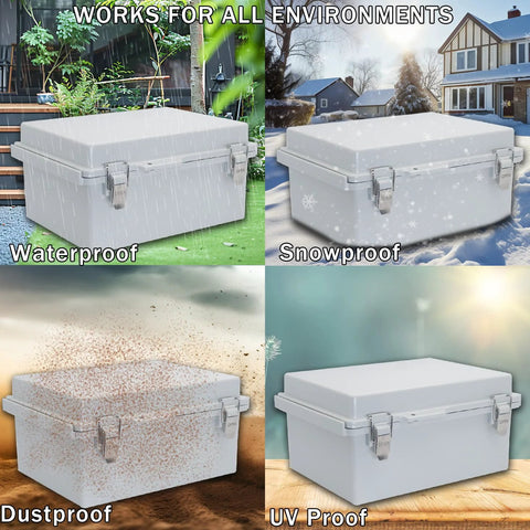 LuSumtly outdoor electrical junction box, grey ABS plastic with mounting plate, 5.9in L x 5.9in W x 3.5in H.
