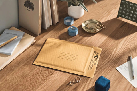 Desk with Kraft Bubble Mailers 6x9 Inches Size 0 Self Sealing Manila Mailers Pack Of 25 and stationary items.