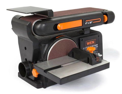 Badass Heavy Duty Workhorse Bench Grinder And Belt Sanders Combo With Variable Speed Motor Bright Work Lamp And Solid Cast Iron Base For Rapid Tool Sharpening Tasks, close-up of belt sander.