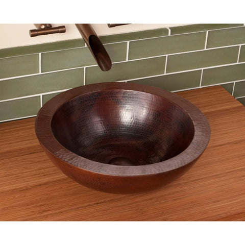 Premium Slick Vessel Bathroom Sink Made From Tough 16 Gauge Hammered Copper With An Antique Bronze Finish. 16 inch round bowl.