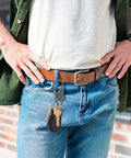 Man wearing jeans with Double Lock Carabiner Clip With Anti Misopening Design 3.1 Inch Zinc Alloy Heavy Duty Keychain attached to belt