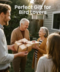People exchanging gift boxes in a backyard, labeled 'Perfect Gift for Bird Lovers'.
