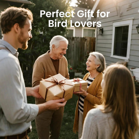 People exchanging gift boxes in a backyard, labeled 'Perfect Gift for Bird Lovers'.