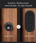 Side-by-side comparison of a Smallest Smart Lock With Built-In Matter And Thread, Bluetooth, And Total Home Ecosystem Compatibility, Matte Black next to a larger keypad lock.