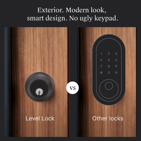 Side-by-side comparison of a Smallest Smart Lock With Built-In Matter And Thread, Bluetooth, And Total Home Ecosystem Compatibility, Matte Black next to a larger keypad lock.