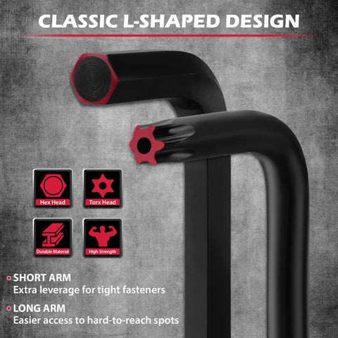 41 Piece Hex Key And Torx Wrench Set With Torque Handle showing L-shaped Allen keys, hex and Torx heads, durable CRV steel