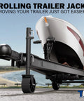 8 Inch Wheel Trailer Jack For RV Boat And Trailer, 2000 Lbs Load Capacity, shown installed on a boat trailer on gravel