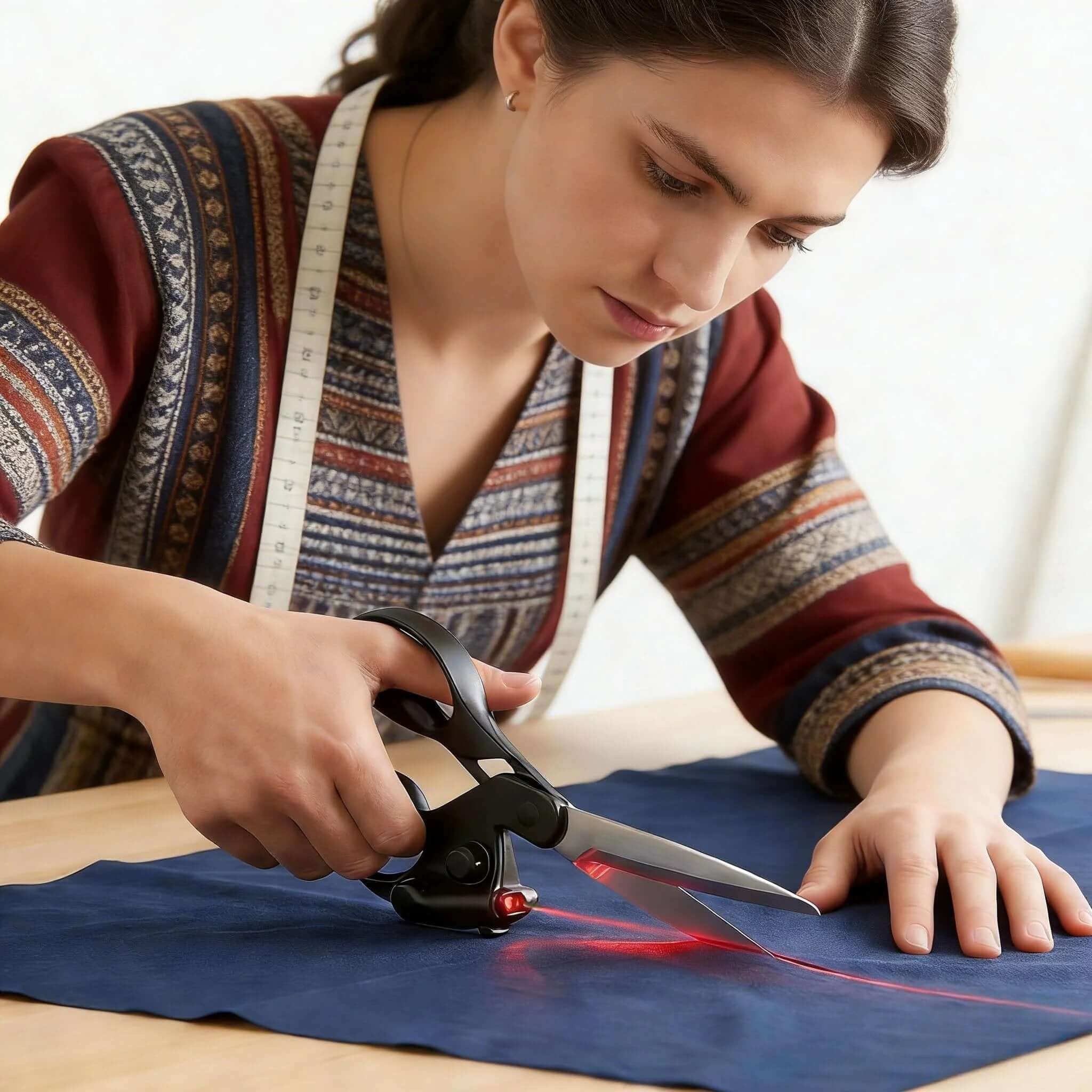 Woman cutting blue sewing fabric with laser-guided scissors at a craft table