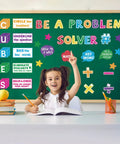 41 Piece Math Bulletin Board Set With Cubes And Math Keywords Paper Cutouts for Summer Classroom, child at desk with board
