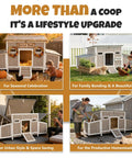 Wooden Chicken Coop For Backyard Poultry Flock With Three Weatherproof Asphalt Roofs Removable Tray Two Nesting Boxes Ramp Entry Ventilation Windows And Cozy Rabbit Hutch For Easy Outdoor Living in four seasonal settings.