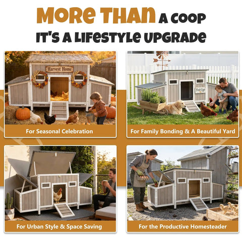 Wooden Chicken Coop For Backyard Poultry Flock With Three Weatherproof Asphalt Roofs Removable Tray Two Nesting Boxes Ramp Entry Ventilation Windows And Cozy Rabbit Hutch For Easy Outdoor Living in four seasonal settings.