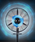 Keep Your Workspace Breezy All Day Long With This Super Quiet Standing Mist Fan delivering Heavy Duty Powerful Three Speed Cooling Airflow For Patios Or Commercial Rooms, close-up of fan blades.