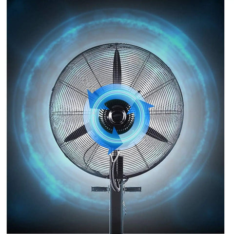 Keep Your Workspace Breezy All Day Long With This Super Quiet Standing Mist Fan delivering Heavy Duty Powerful Three Speed Cooling Airflow For Patios Or Commercial Rooms, close-up of fan blades.