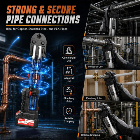 Heavy Duty 21V Cordless Pipe Crimper With 360 Degree Rotating Head And 60KN Pressure Force For PEX Plumbing Jobs shown crimping copper pipes.