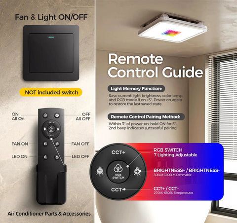 Exhaust Fan With Light And Remote, Ceiling Mounted Bathroom Vent Fan With Lit RGB Lights, Dimmable LED, remote control guide