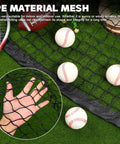 Hand holding Heavy Duty Batting Cage Net For Baseball And Softball, Knotless PE Netting, with baseballs on grass