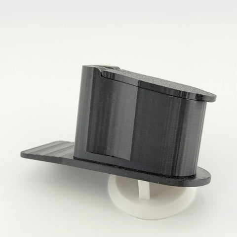 Storage Plug For SBA3 Pistol Brace With Hinged Clip In Lid, Precision Fit, black PETG with retention clip, angled view