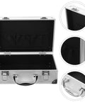 Hella Sturdy Aluminum Tool Case With Slick Carry Handle For General Hand Tools And Small Hardware Parts Sorting Organizer opened view with black interior and storage pockets.