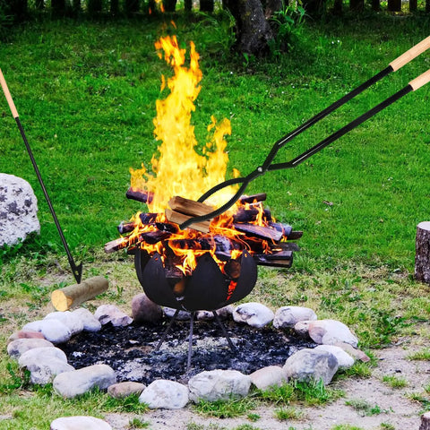 42 Inch Fire Tongs And Fire Poker Set Beefy Heavy Duty Detachable Log Grabbers in use at outdoor fire pit with flames