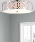 Dope Chrome Modern Metal LED Flush Mount Ceiling Light With White Linen Drum Shade And Geometric Fretwork for bedroom