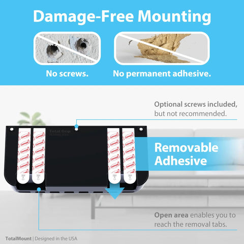 Hole-Free Remote Holder With Adhesive Mount, No Drilling Required, Removable adhesive, damage-free wall mounting guide