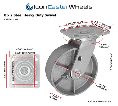 8 Inch X 2 Inch Steel Swivel Caster Wheels 4 Pack Industrial Top Plate Rollers Rated 1250 Pounds Each, showing dimensions and heavy-duty design.