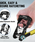 Close-up of Heavy Duty Ratchet Tie Down Straps 1.5 Inch By 16 Foot 3300 Lb Break Strength 2 Pack with ergonomic handle