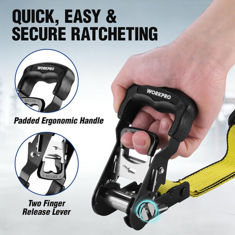 Close-up of Heavy Duty Ratchet Tie Down Straps 1.5 Inch By 16 Foot 3300 Lb Break Strength 2 Pack with ergonomic handle