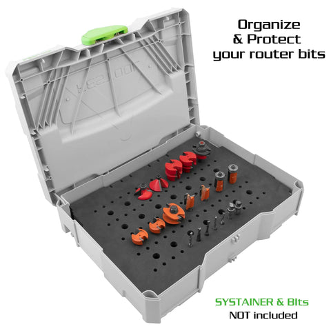 Dang Good Foam Router Bit Storage Tray compatible with Systainer Type One displaying organized router bits in a protective tray.