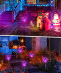 Purple Solar Tiki Torches Outdoor Lights 12 Pack With Flickering Flame, Halloween decor in a festive garden setting