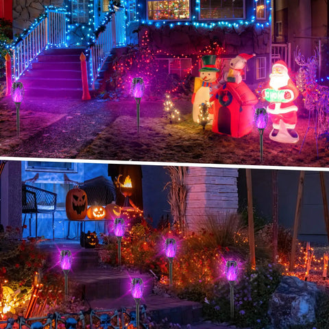 Purple Solar Tiki Torches Outdoor Lights 12 Pack With Flickering Flame, Halloween decor in a festive garden setting