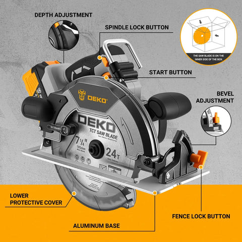 Heavy Duty 20 Volt Cordless Circular Saw Featuring Brushless Motor And 185 Mm Blade 4500 Rpm Speed with depth adjustment and aluminum base.