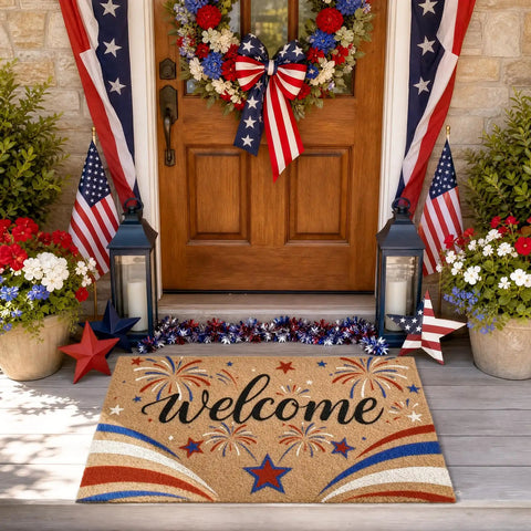 Patriotic 4th Of July Door Mat With Red White Blue Fireworks Design Welcome Mat With Heavy Duty Backing Faux Coco Coir Doormat For Independence Day Outdoor Porch All American Decor in front of a decorated porch.