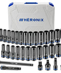 32 Piece One Half Inch Drive Impact Socket Set With High Visibility Blue Rings And White Case, Deep SAE And Metric Sockets