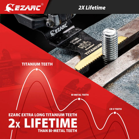 Close-up of EZARC titanium coated oscillating saw blade, demonstrating durability against metal screws. Hella Durable Titanium Coated Oscillating Saw Blades Three Pack For Slicing Metal Wood Nails And Screws Extended Bi Metal Multitool Hardware That Knocks Out Messy Jobs With Zero Sweat Or Blade Damage.