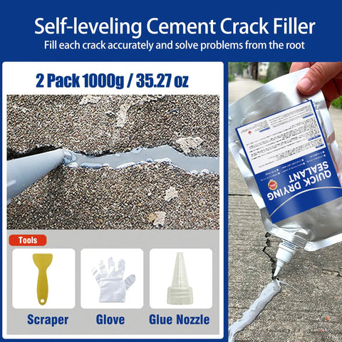 Fast Curing Concrete Crack Filler And Sealant For Driveways And Patios Waterproof Self Leveling Cement Crack Repair With High Elasticity Quick Dry Formula showing application on driveway and included tools.