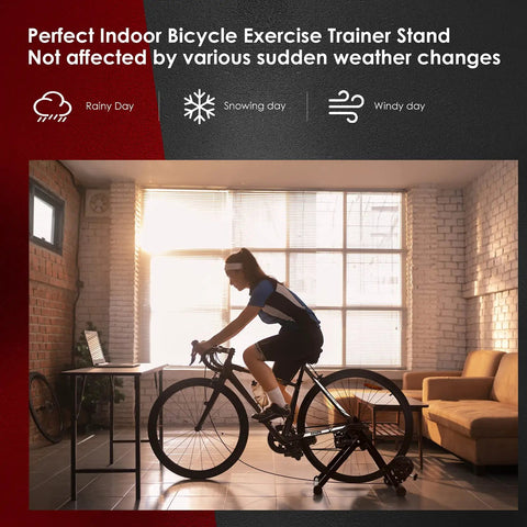 A person using a Magnetic Bike Trainer Stand For Indoor Cycling And Home Gym Use in a living room setting.