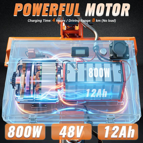Heavy Duty Electric Trailer Dolly With 7500 Lbs Capacity, 24V 800W Motor Power, internal components showing motor and battery specs.