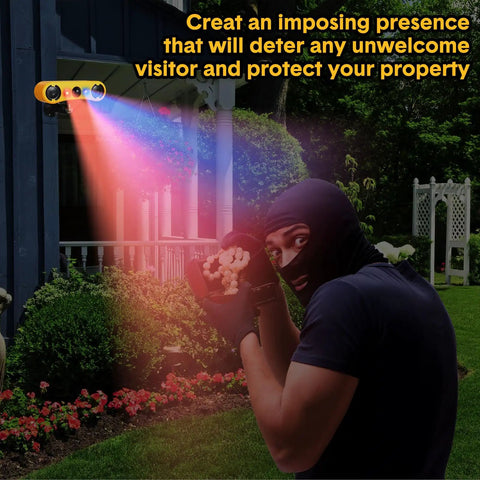 Solar Outdoor Motion Sensor Alarm Kit installed on house wall, emitting light, showing security deterrent effect, garden setting