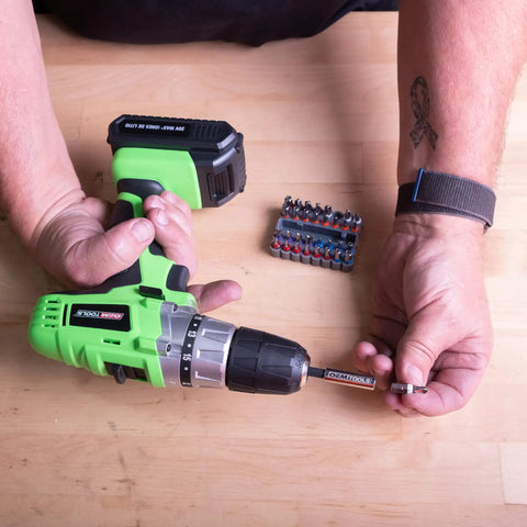 Using 33 Piece Tamper Proof Security Bit Set With One Quarter Inch Hex Bit Holder on green power drill