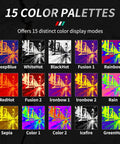 15 color palettes for thermal imaging, including DeepBlue, WhiteHot, BlackHot, Fusion, Rainbow, and other modes displayed.