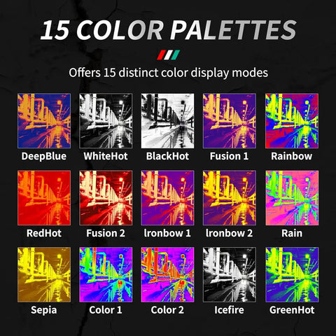 15 color palettes for thermal imaging, including DeepBlue, WhiteHot, BlackHot, Fusion, Rainbow, and other modes displayed.