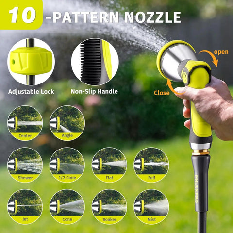 Heavy Duty Retractable Garden Hose Reel With Wall Mount 110 Feet Half Inch Hose Three Quarter Inch Brass Fittings Ten Pattern Nozzle