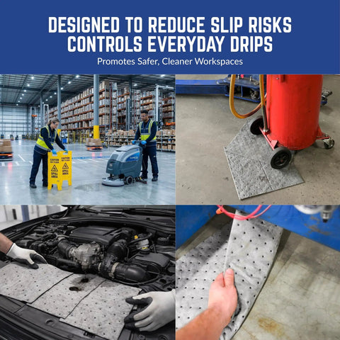 No Sweat Universal Absorbent Pads For Cleaning Up Everyday Oil Water And Solvent Spills In Garages And Workshops Includes 200 Tough Dimple Bonded Cleanup Sheets Sized At 16 By 18 Inches