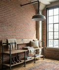 Industrial-style room with rustic bench and lighting featuring 20 Pack One Half Inch Malleable Cast Iron Pipe Flanges For Threaded Black Pipes And Fittings DIY Steampunk Industrial Vintage Style Heavy Duty Floor Mount Flanges With Three Mounting Holes For Secure Install