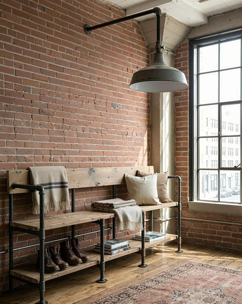 Steampunk industrial style bench and shelves using 10 Pack 1 Inch By 2 Inch Black Malleable Iron Pipe Nipples With Both Ends Threaded.